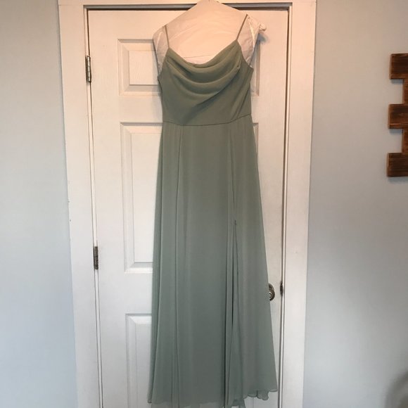 Davids Bridal cowl neck chiffon bridesmaid dress with slit - Picture 5 of 14
